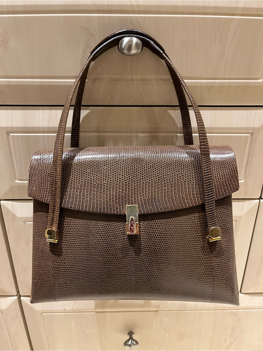 Structured Brown Textured Satchel with Gold Hardware